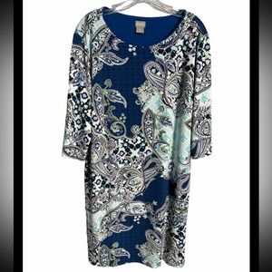 Chico's Blue Paisley White Stretch Dress Size 3P XLP Liquid Knit WORN ONCE